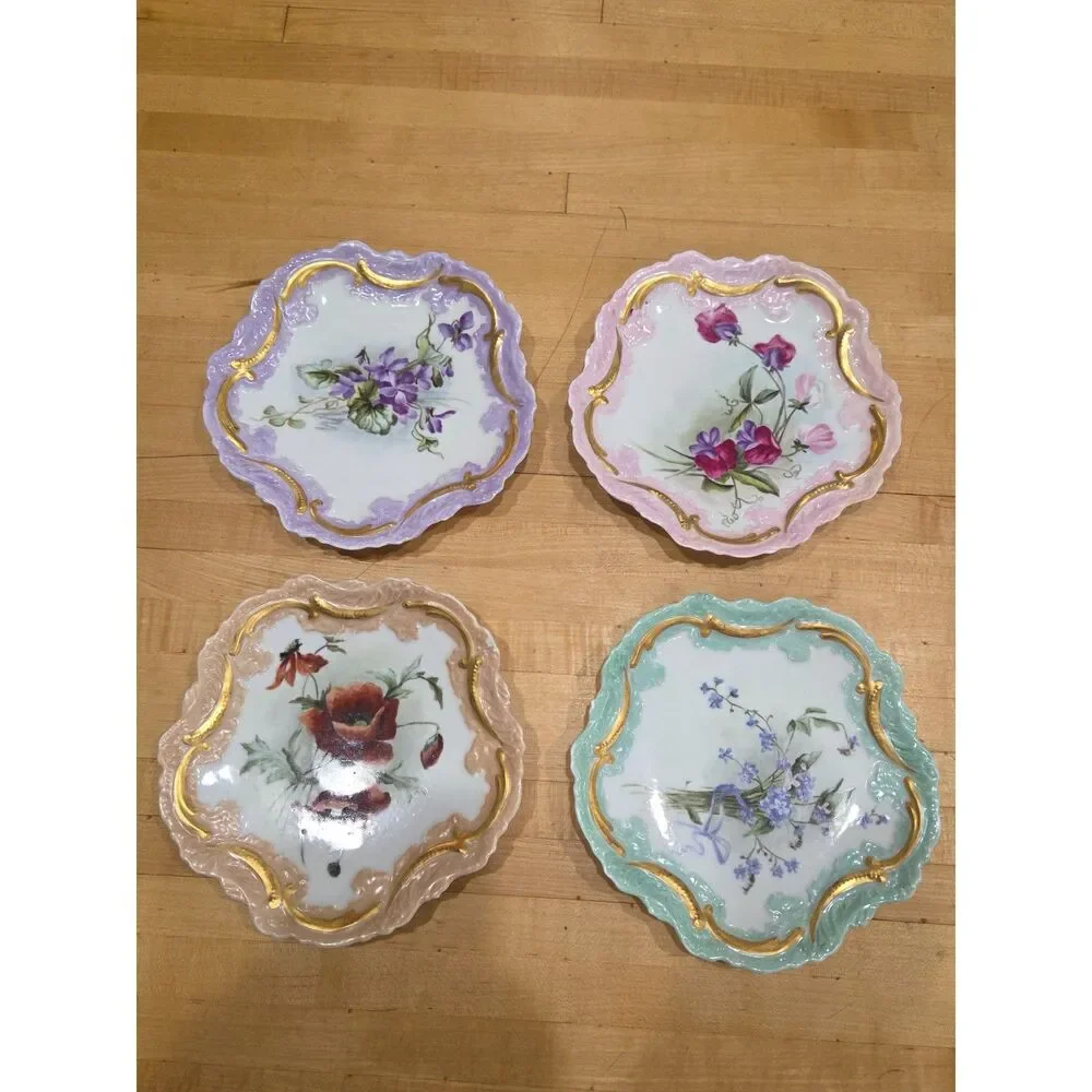 Antique Elite Limoges France Floral Plates Set 4 Hand Painted Gold Pastel 7.5